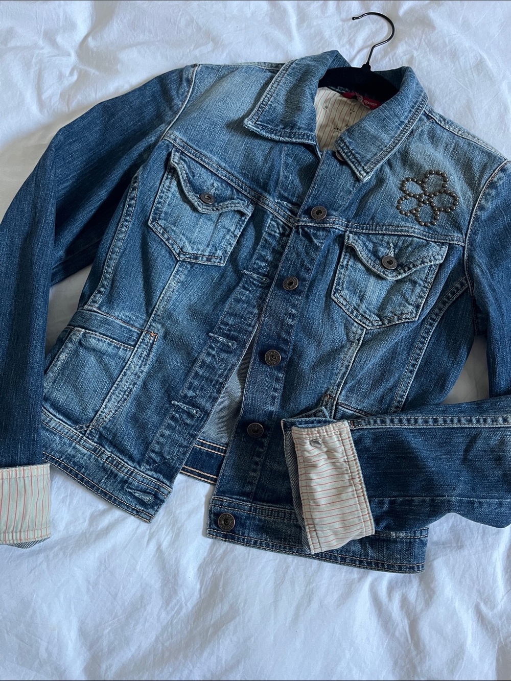 Guess Jeans vintage Y2K tight fit denim jacket blazer pockets embroidery flowers